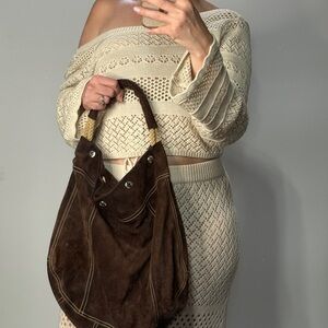 AUTH PRADA SUEDE HOBO BAG slouchy Large Brown Leather oversized Boho Tote